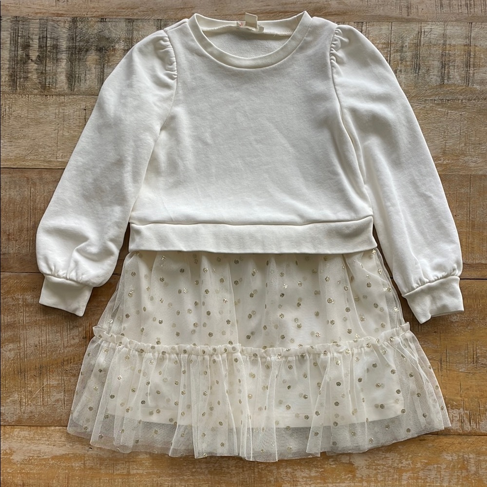 Crewcuts Cream Sweatshirt Dress with Gold Dot Tulle Skirt